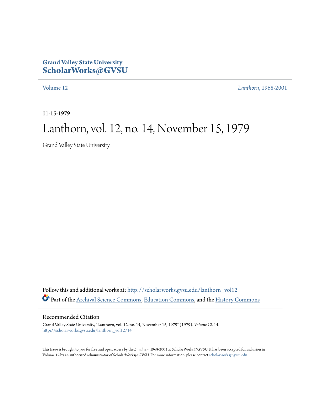 Lanthorn, Vol. 12, No. 14, November 15, 1979 Grand Valley State University