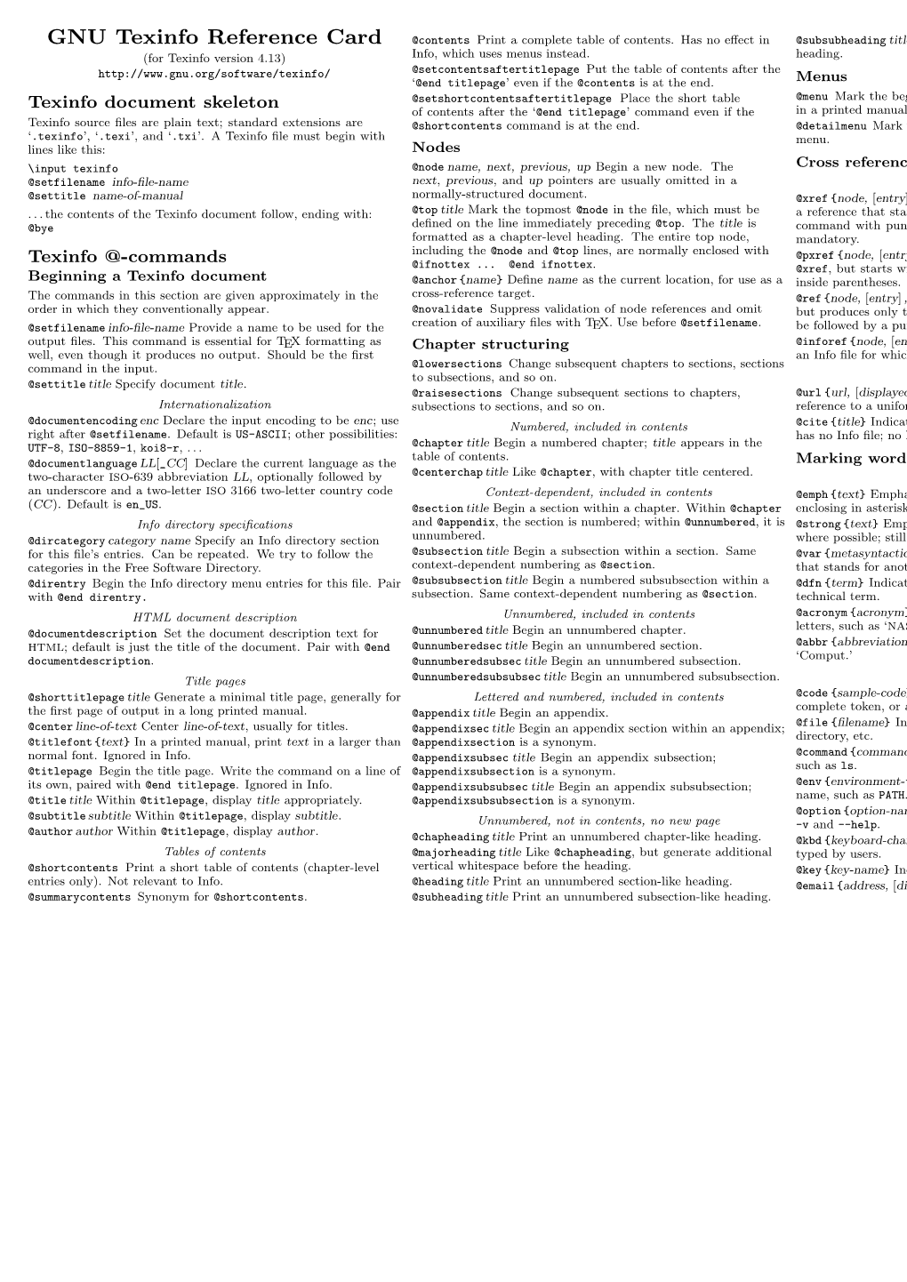 GNU Texinfo Reference Card @Contents Print a Complete Table of Contents