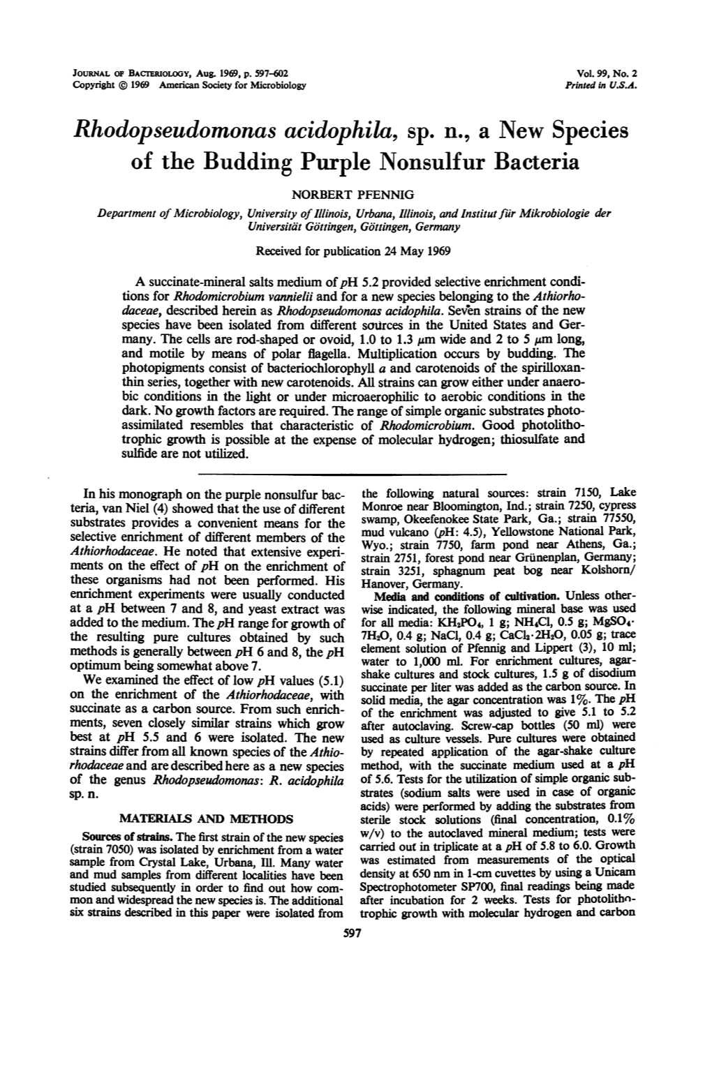 Rhodopseudomonas Acidophila, Sp. N., a New Species