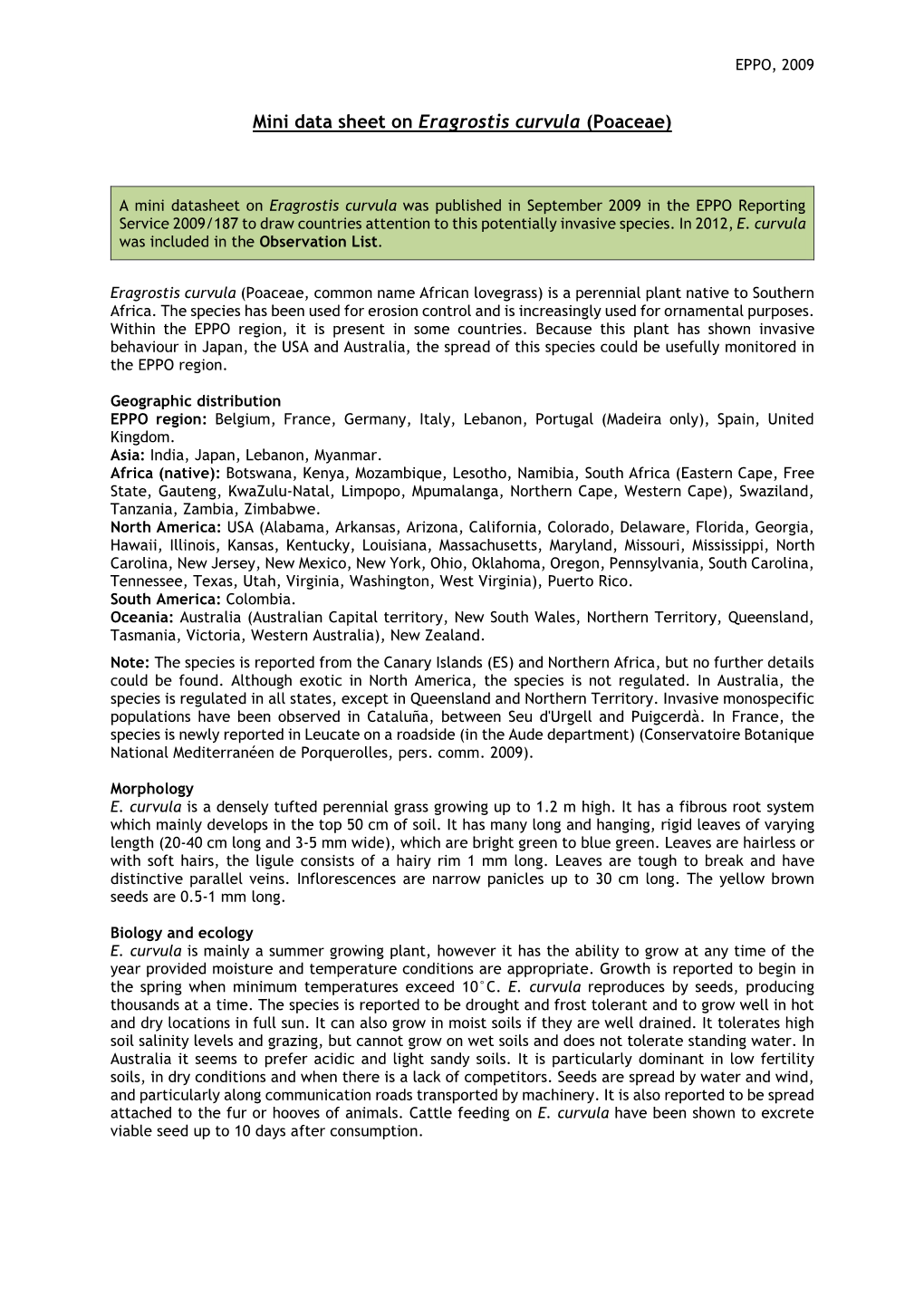 Mini Data Sheet on Eragrostis Curvula (Poaceae)