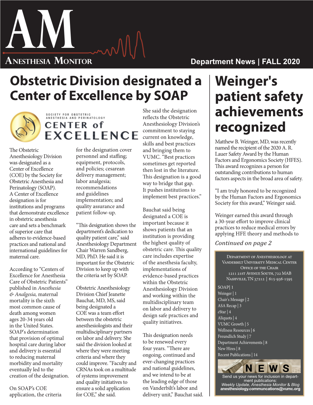 Weinger's Patient Safety Achievements Recognized