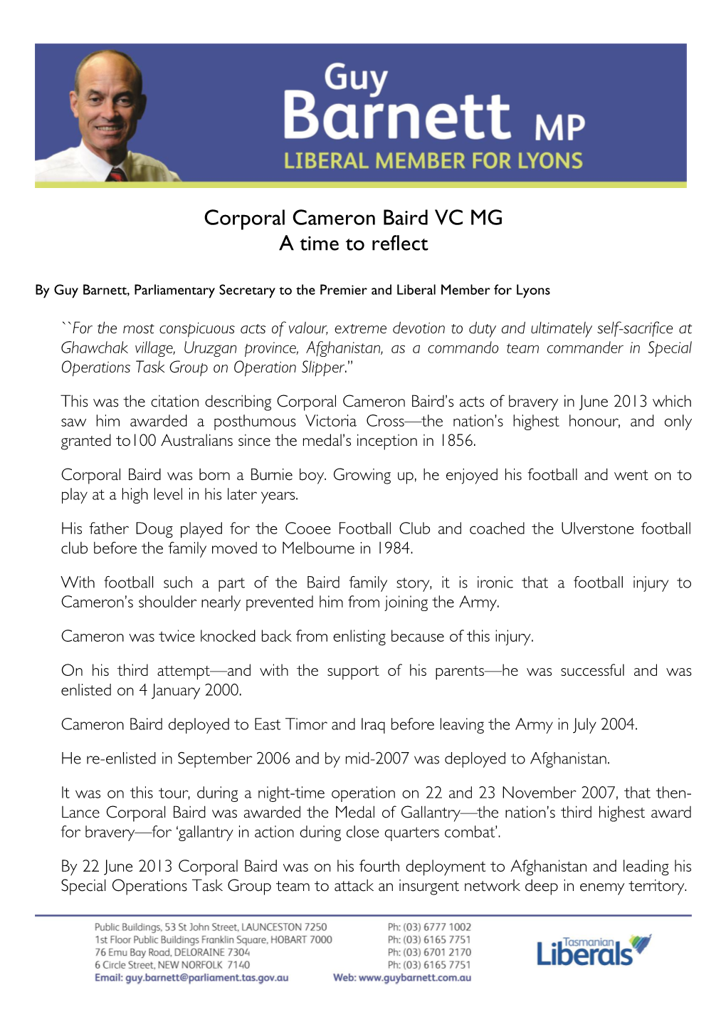 Corporal Cameron Baird VC MG a Time to Reflect