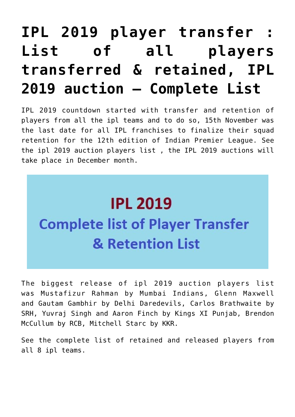 List of All Players Transferred & Retained, IPL 2019 Auction –