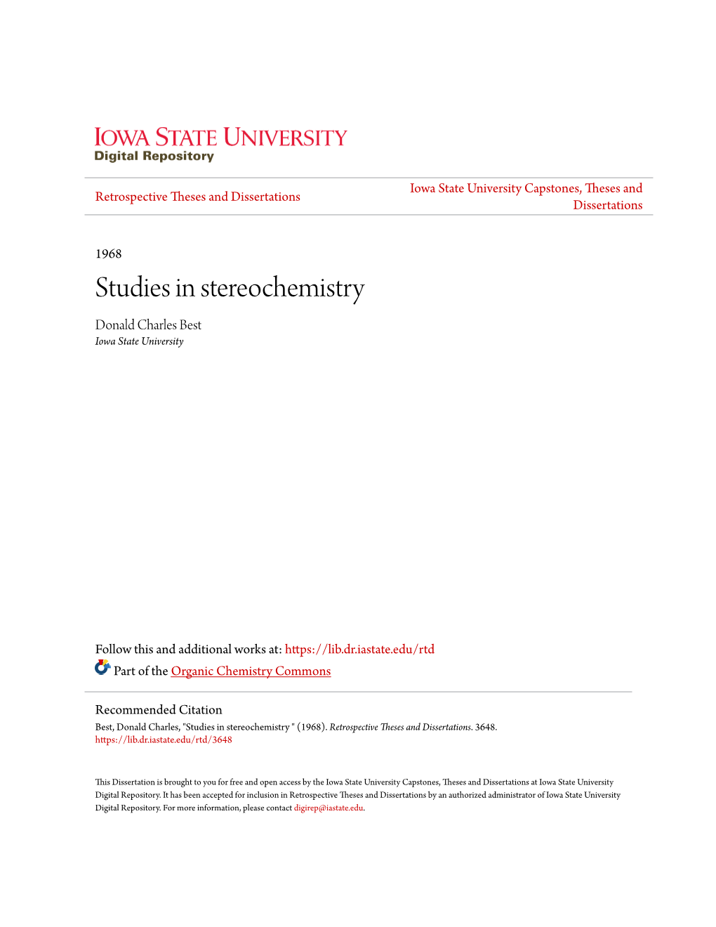 Studies in Stereochemistry Donald Charles Best Iowa State University