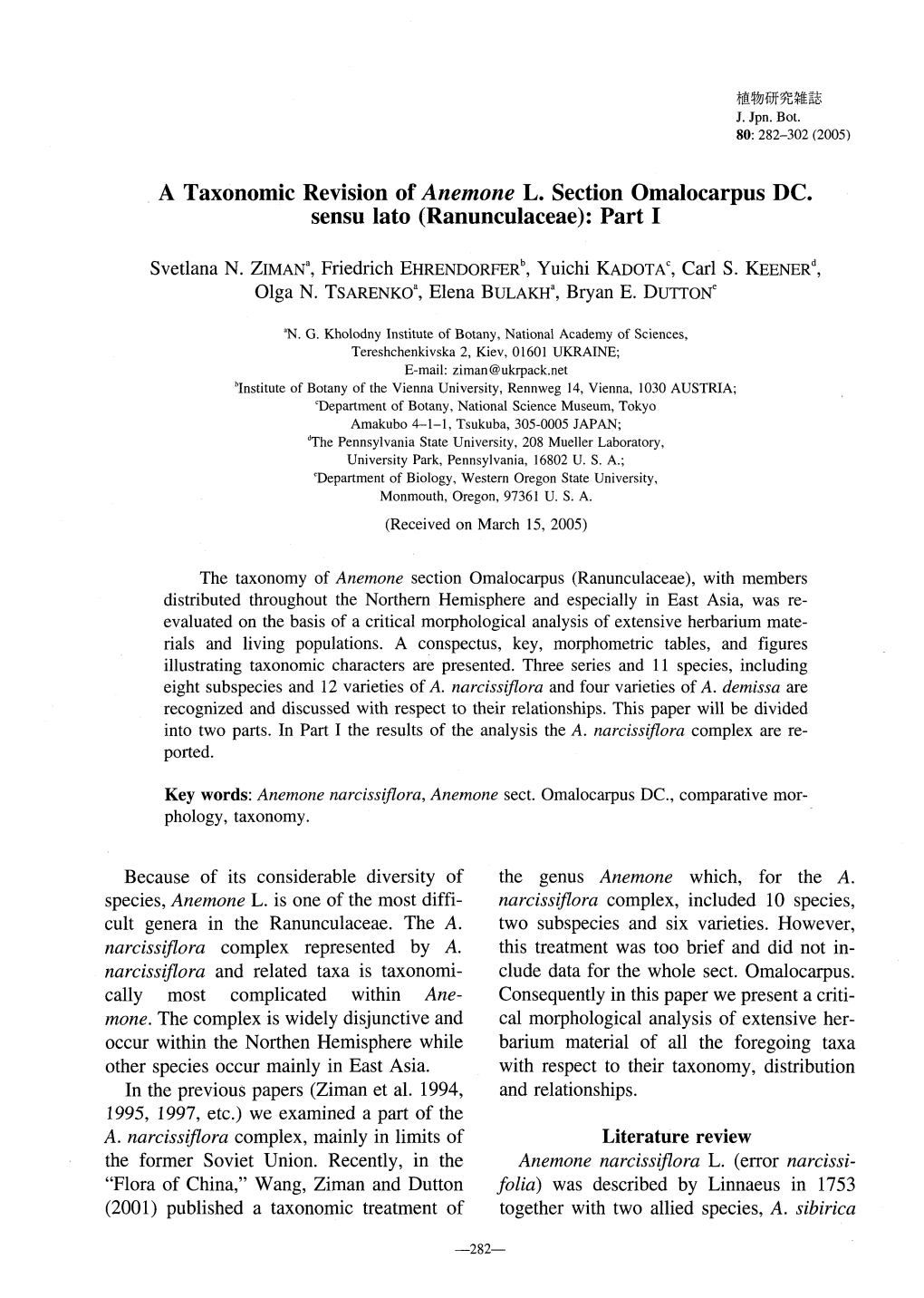 A Taxonomic Revision of Anemone L. Section Omalocarpus DC