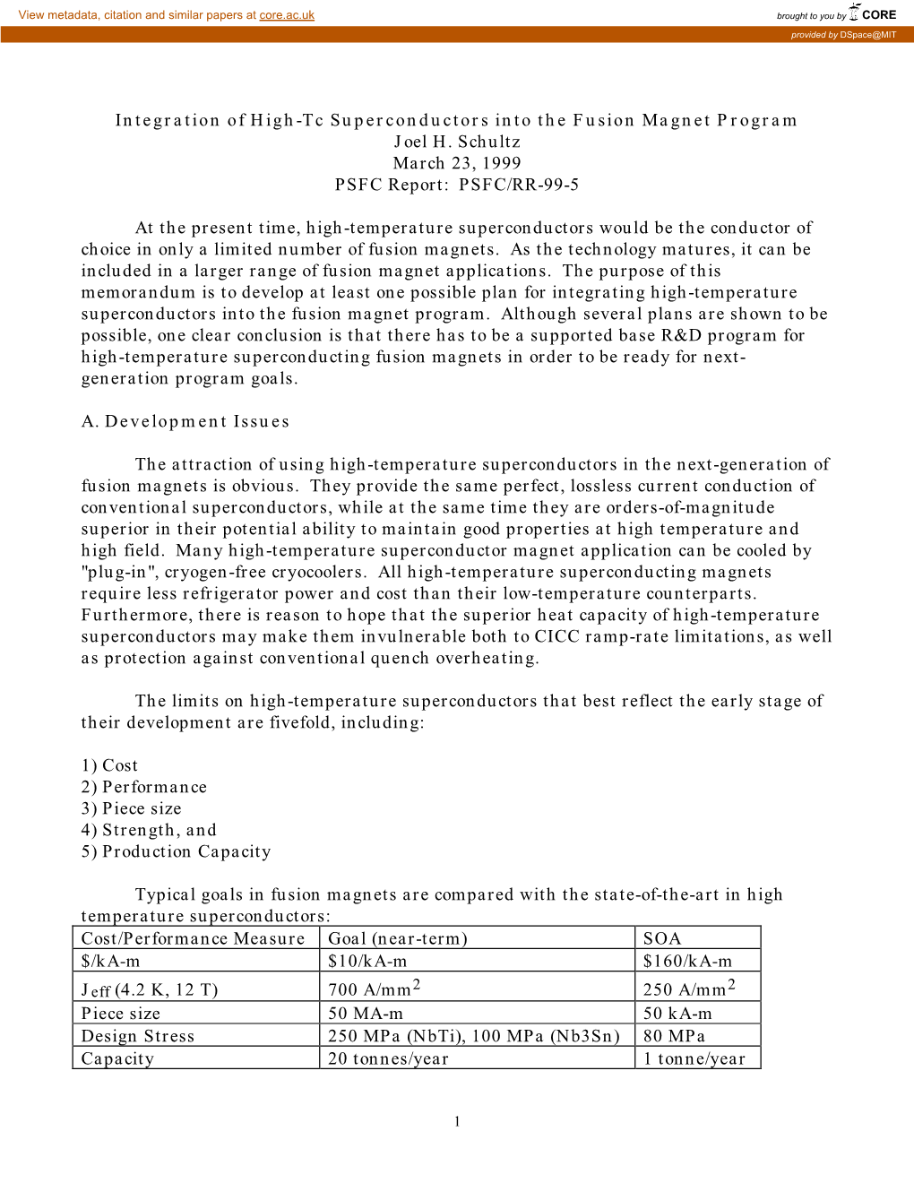 Integration of High-Tc Superconductors Into the Fusion Magnet Program Joel H