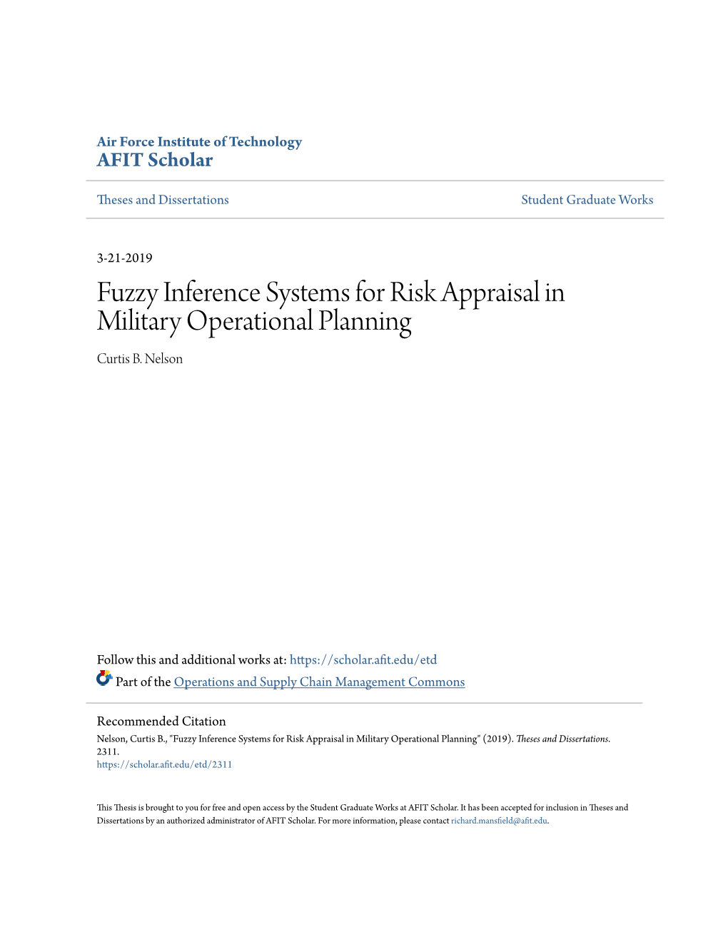 Fuzzy Inference Systems for Risk Appraisal in Military Operational Planning Curtis B