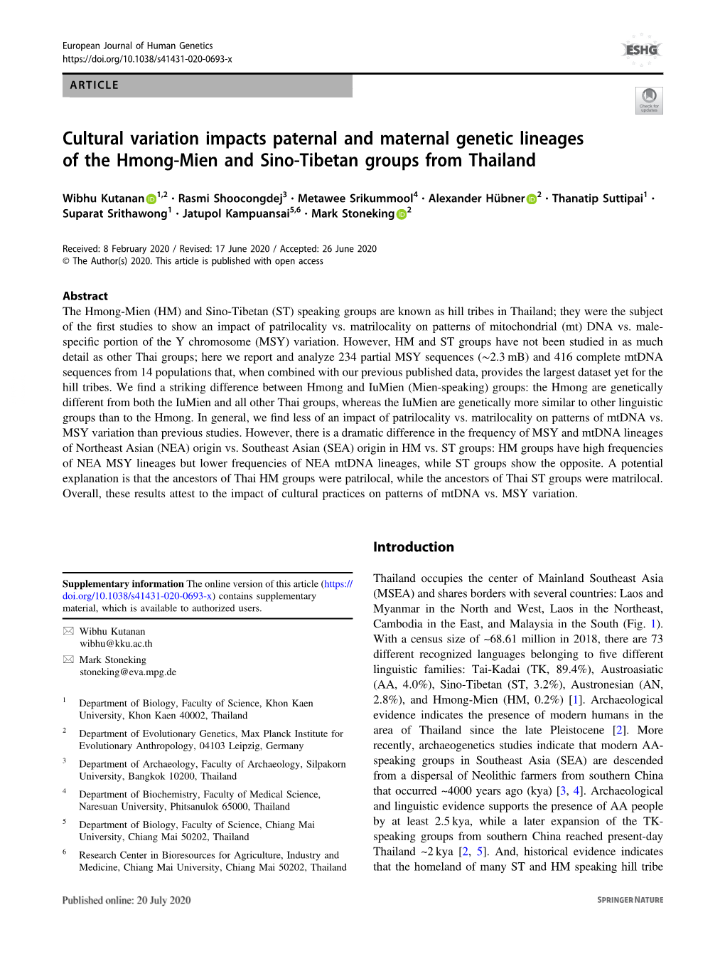 Cultural Variation Impacts Paternal and Maternal Genetic Lineages of the Hmong-Mien and Sino-Tibetan Groups from Thailand