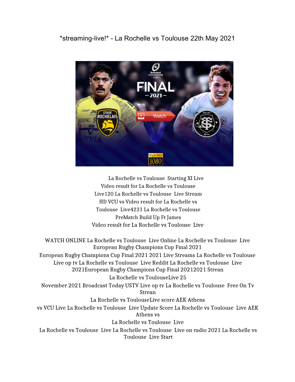 La Rochelle Vs Toulouse 22Th May 2021