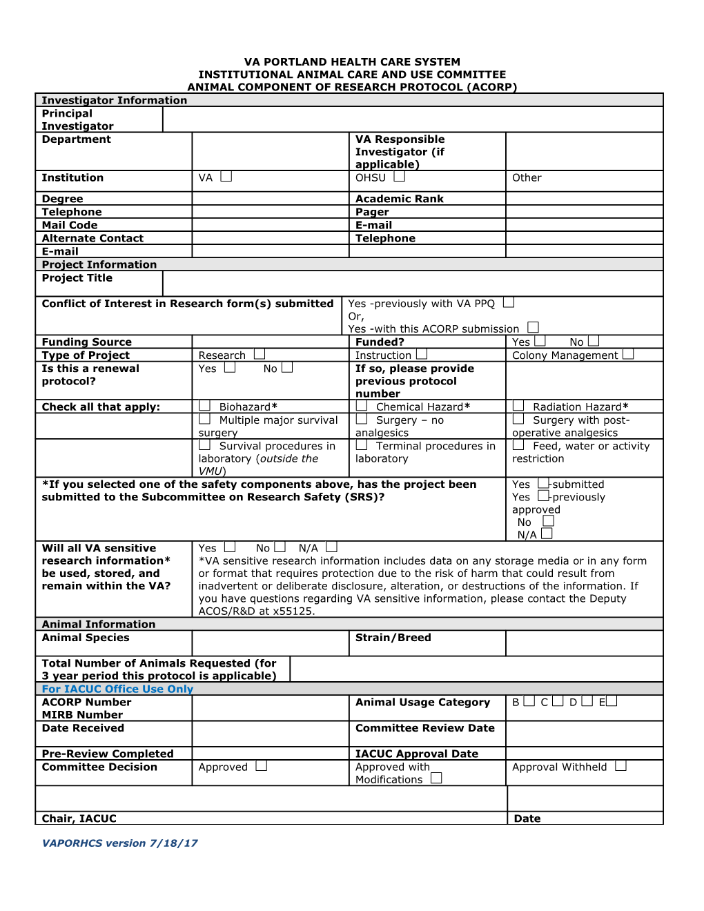 Animal Component of Research Protocol (ACORP)Main Bodyversion 4