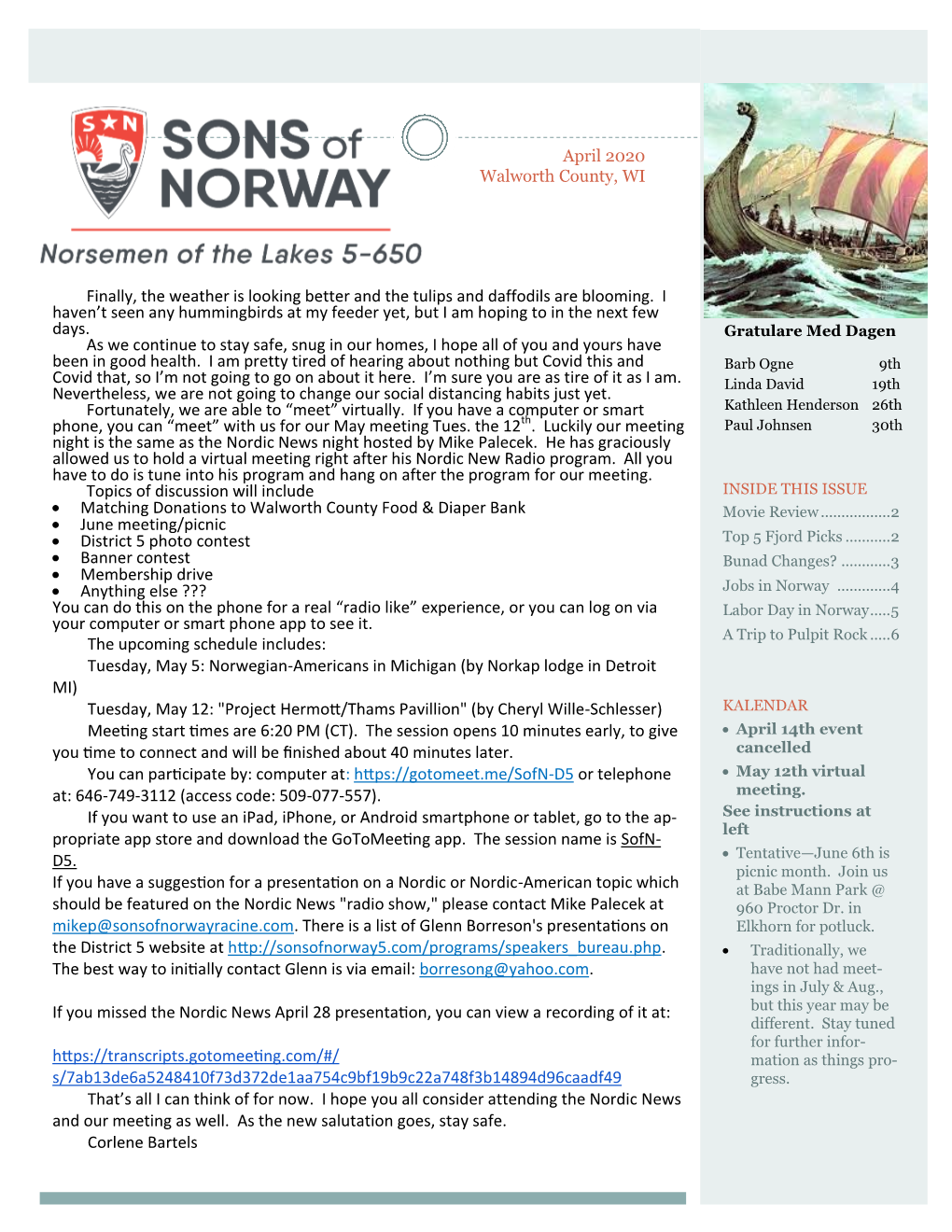 Norsemen of the Lakes Newsletter