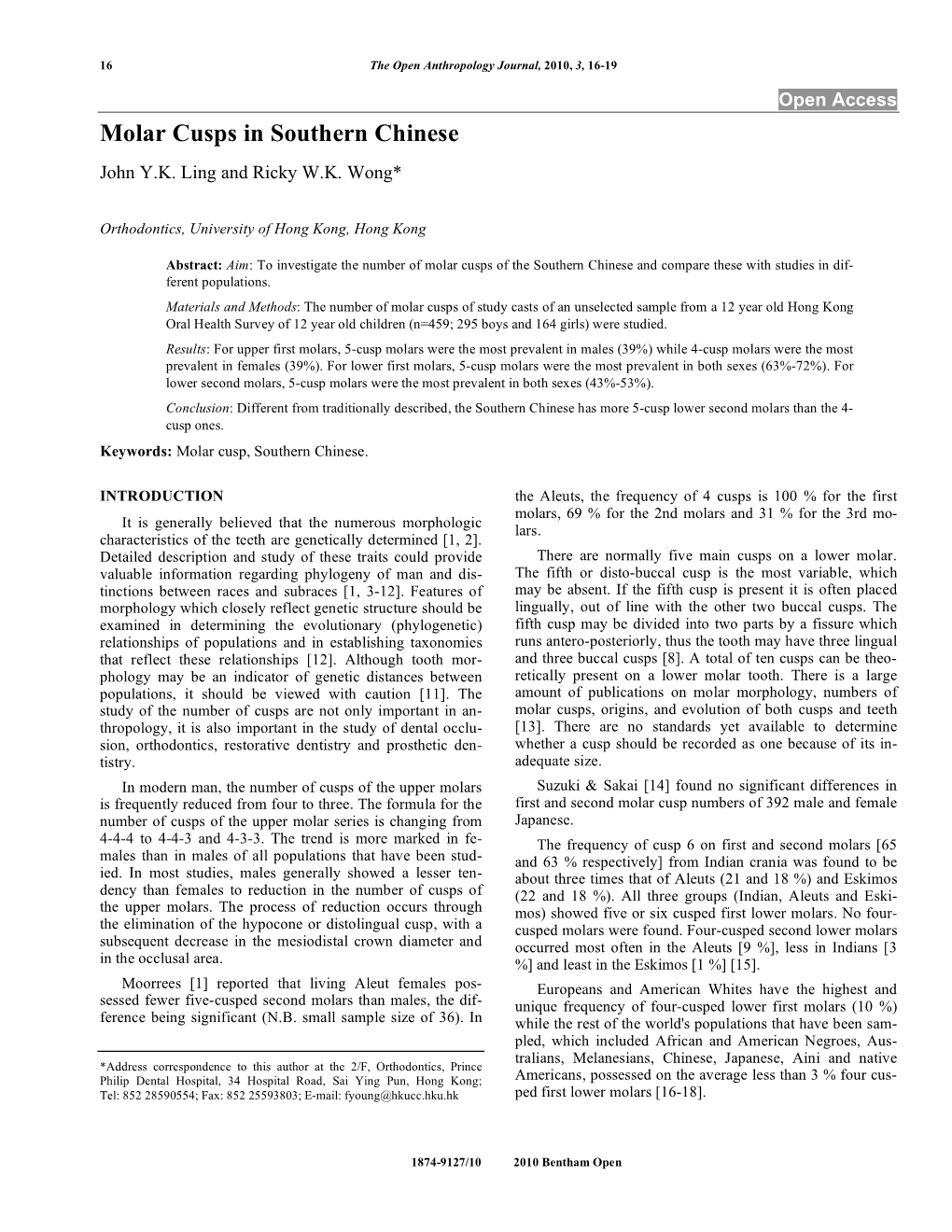 Molar Cusps in Southern Chinese John Y.K