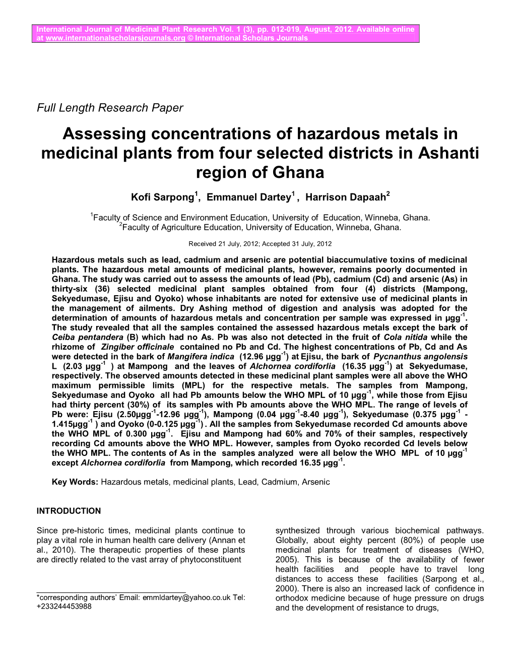 Assessing Concentrations of Hazardous Metals in Medicinal Plants from Four Selected Districts in Ashanti Region of Ghana