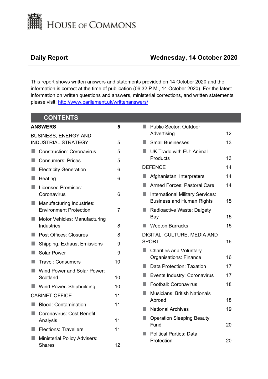 Daily Report Wednesday, 14 October 2020 CONTENTS