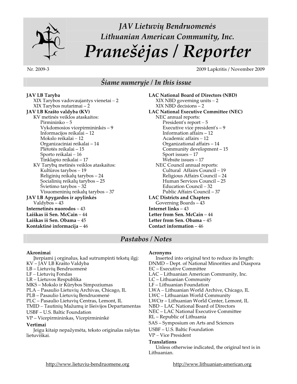 Pranešėjas / Reporter Nr. 2009-3