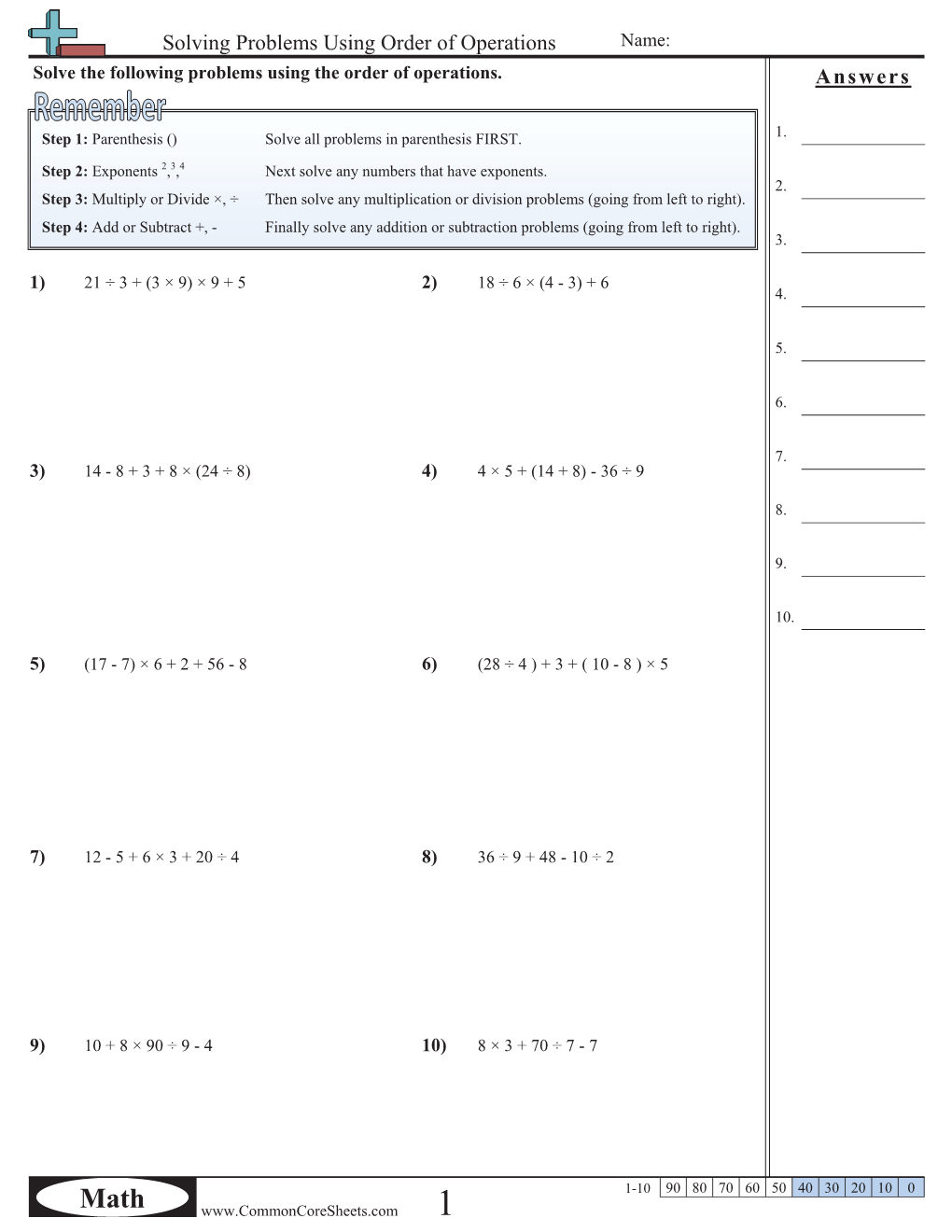 Answers Solving Problems Using Order of Operations