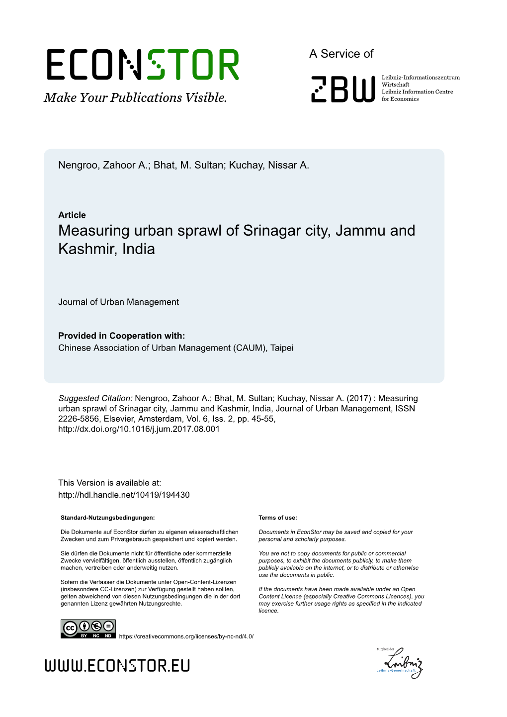 Measuring Urban Sprawl of Srinagar City, Jammu and Kashmir, India