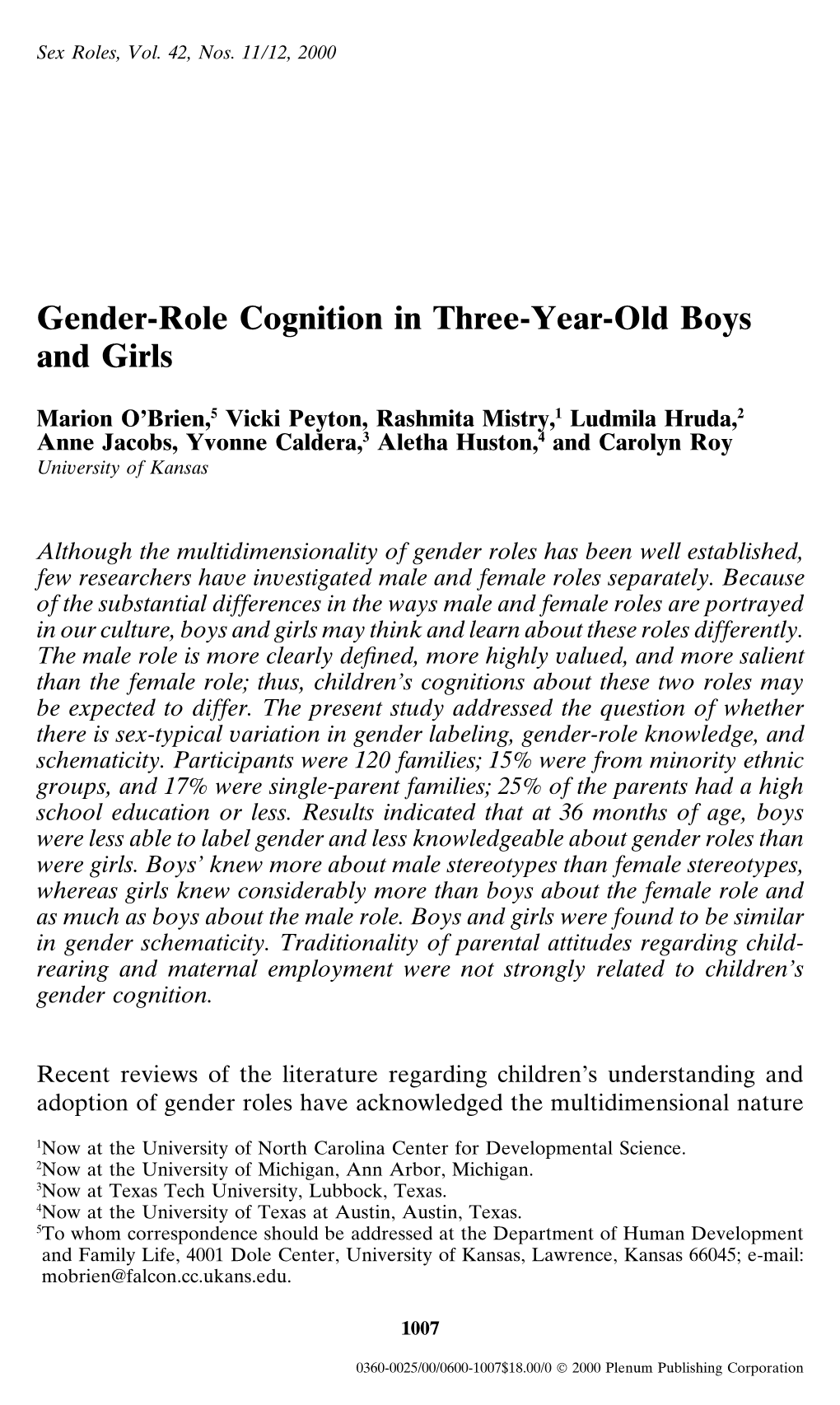 Gender-Role Cognition in Three-Year-Old Boys and Girls