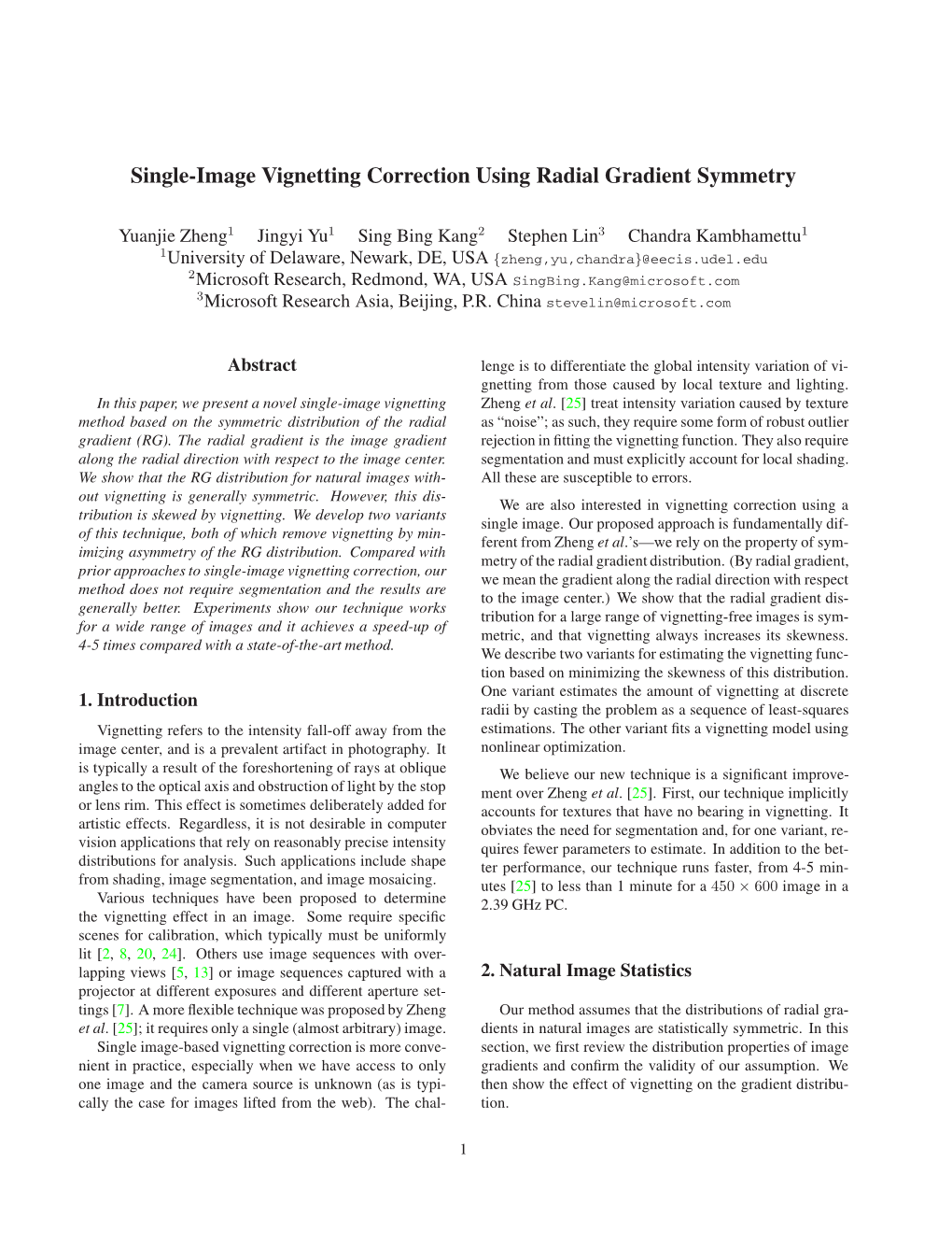 Single-Image Vignetting Correction Using Radial Gradient Symmetry