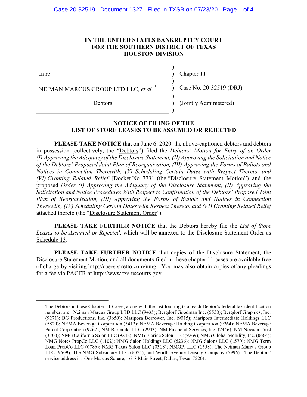 Case 20-32519 Document 1327 Filed in TXSB on 07/23/20 Page 1 of 4