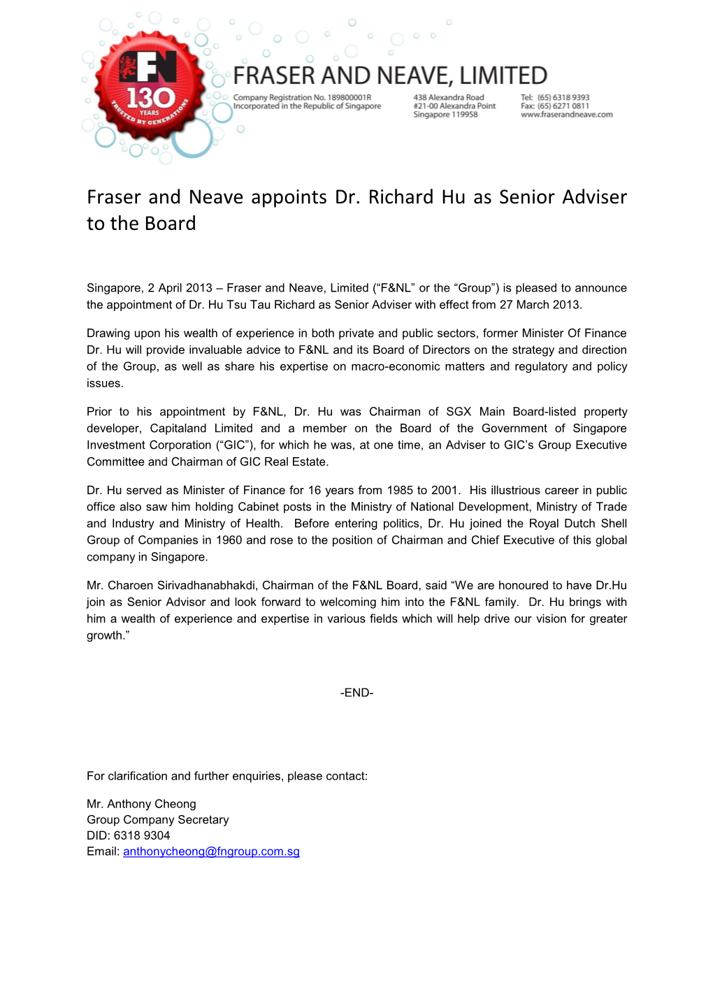 Fraser and Neave Appoints Dr. Richard Hu As Senior Adviser to the Board