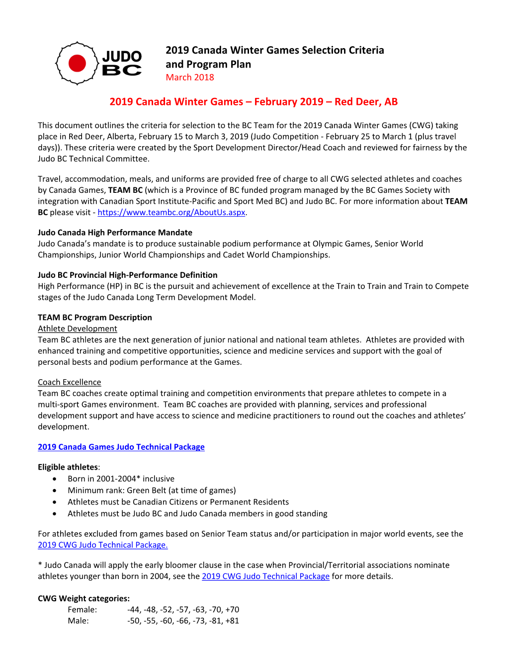 2019 Canada Winter Games Selection Criteria and Program Plan 2019