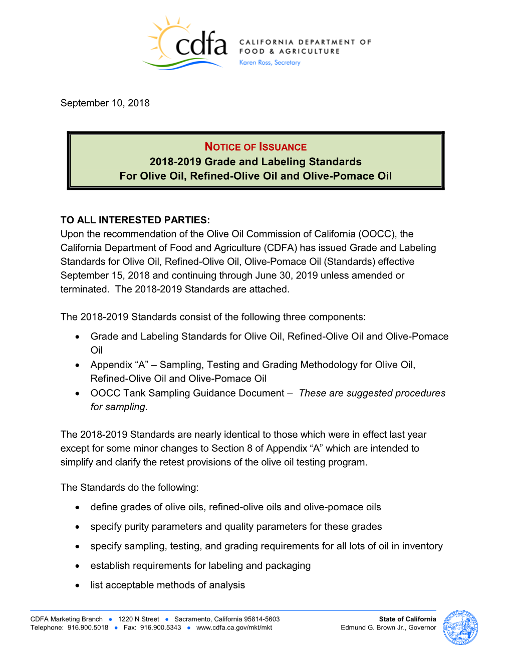 2018-2019 Grade and Labeling Standards for Olive Oil, Refined-Olive Oil and Olive-Pomace Oil