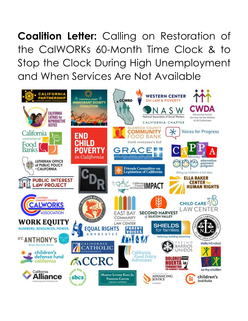 Calling on Restoration of the Calworks 60-Month Time Clock & to Stop the Clock During High Unemployment and When Services Are Not Available