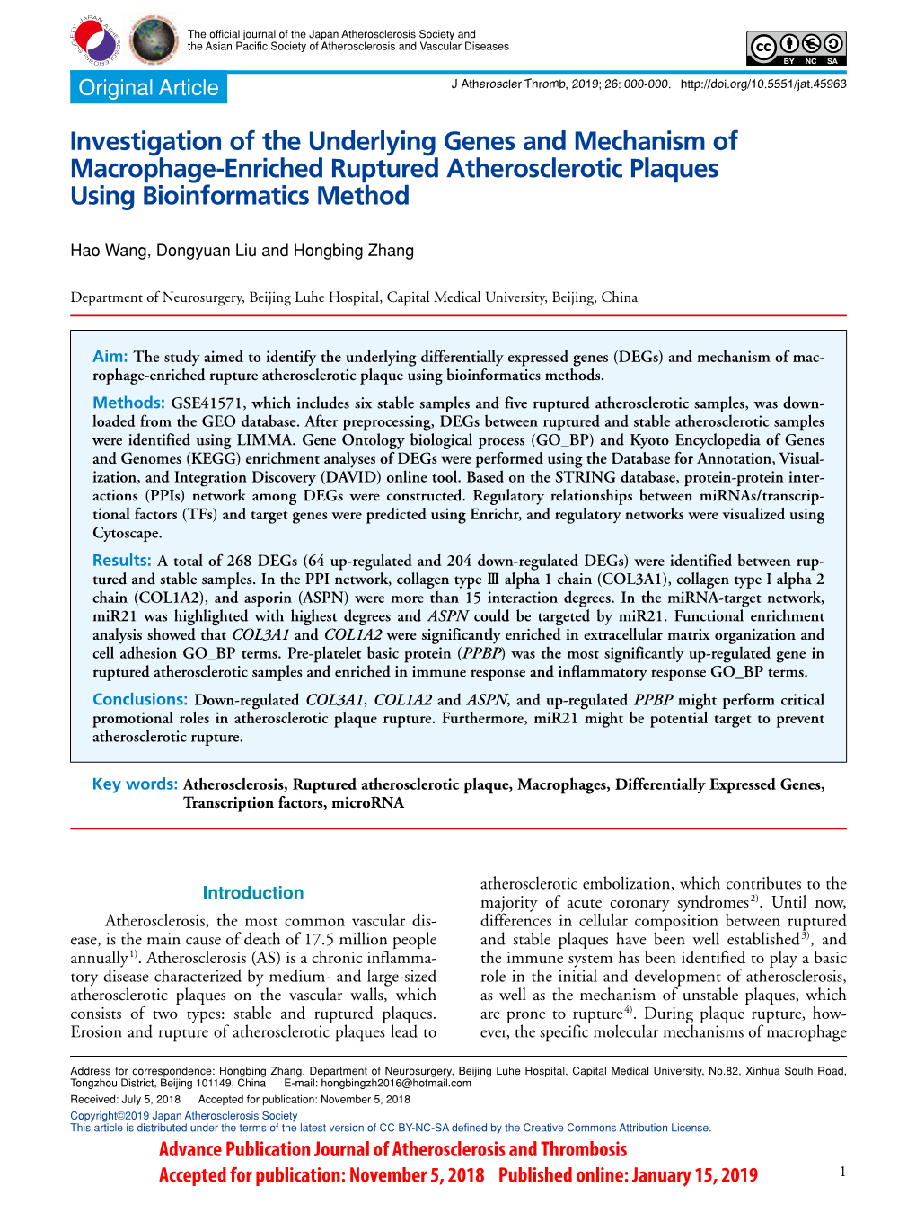 Investigation of the Underlying Genes and Mechanism of Macrophage-Enriched Ruptured Atherosclerotic Plaques Using Bioinformatics Method