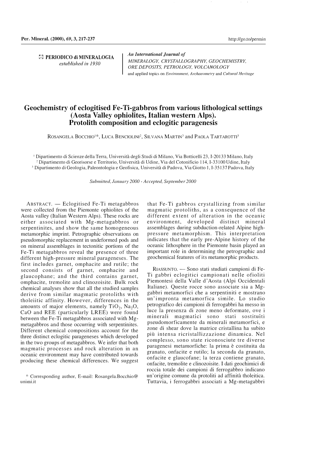 (Aosta Valley Ophiolites, Italian Western Alps). Protolith Composition and Eclogitic Paragenesis