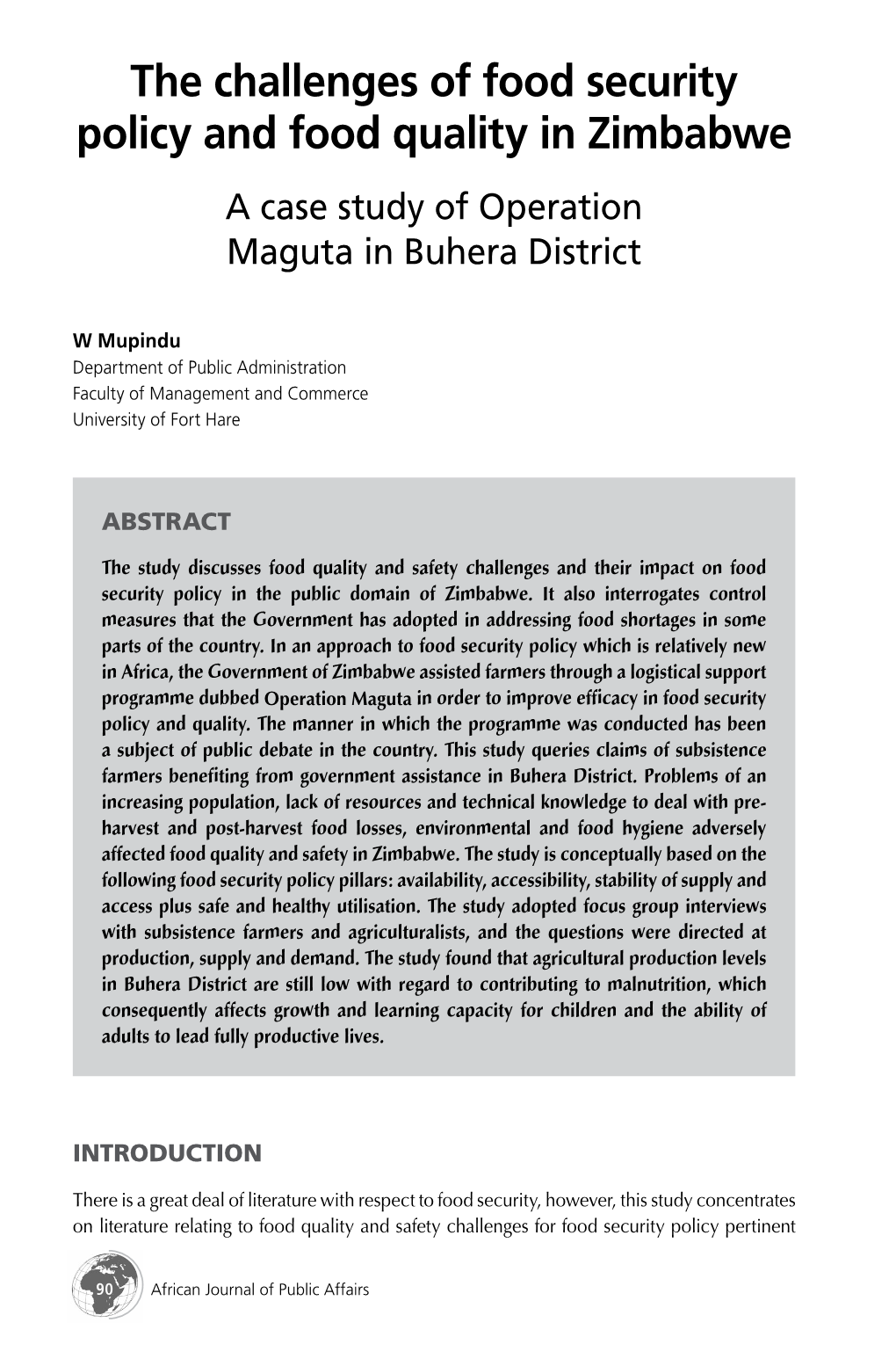 The Challenges of Food Security Policy and Food Quality in Zimbabwe a Case Study of Operation Maguta in Buhera District