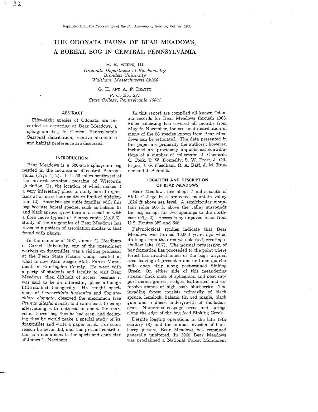 2L the ODONATA FAUNA of BEAR MEADOWS, a BOREAL BOG in CENTRAL PENNSYLVANIA