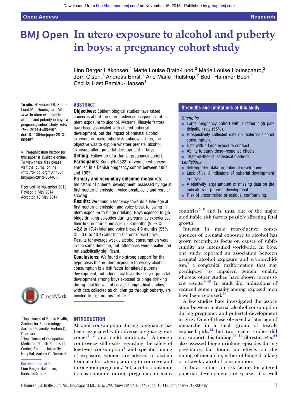 In Utero Exposure to Alcohol and Puberty in Boys: a Pregnancy Cohort Study