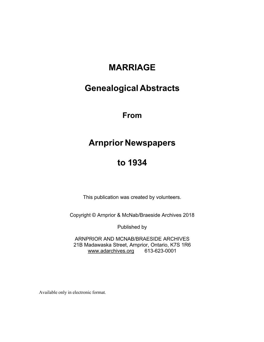 MARRIAGE Genealogical Abstracts Arnprior Newspapers to 1934
