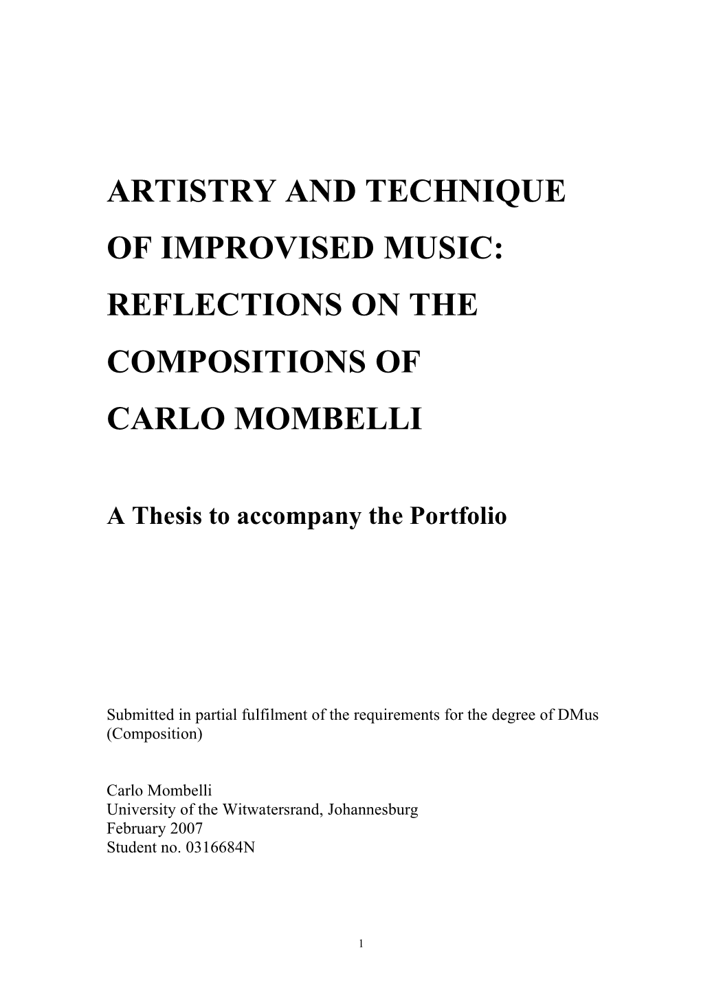 Reflections on the Compositions of Carlo Mombelli