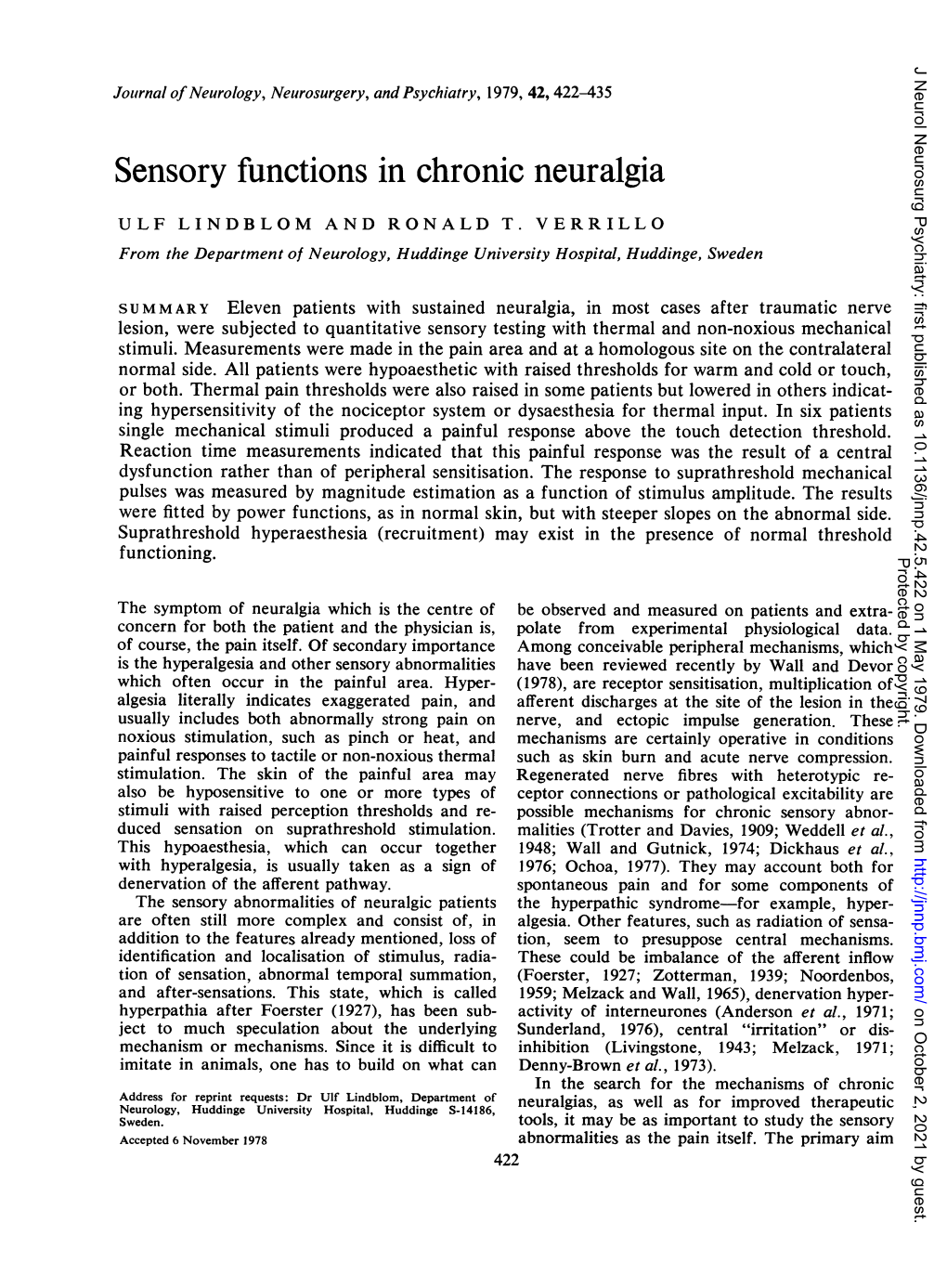 Sensory Functions in Chronic Neuralgia