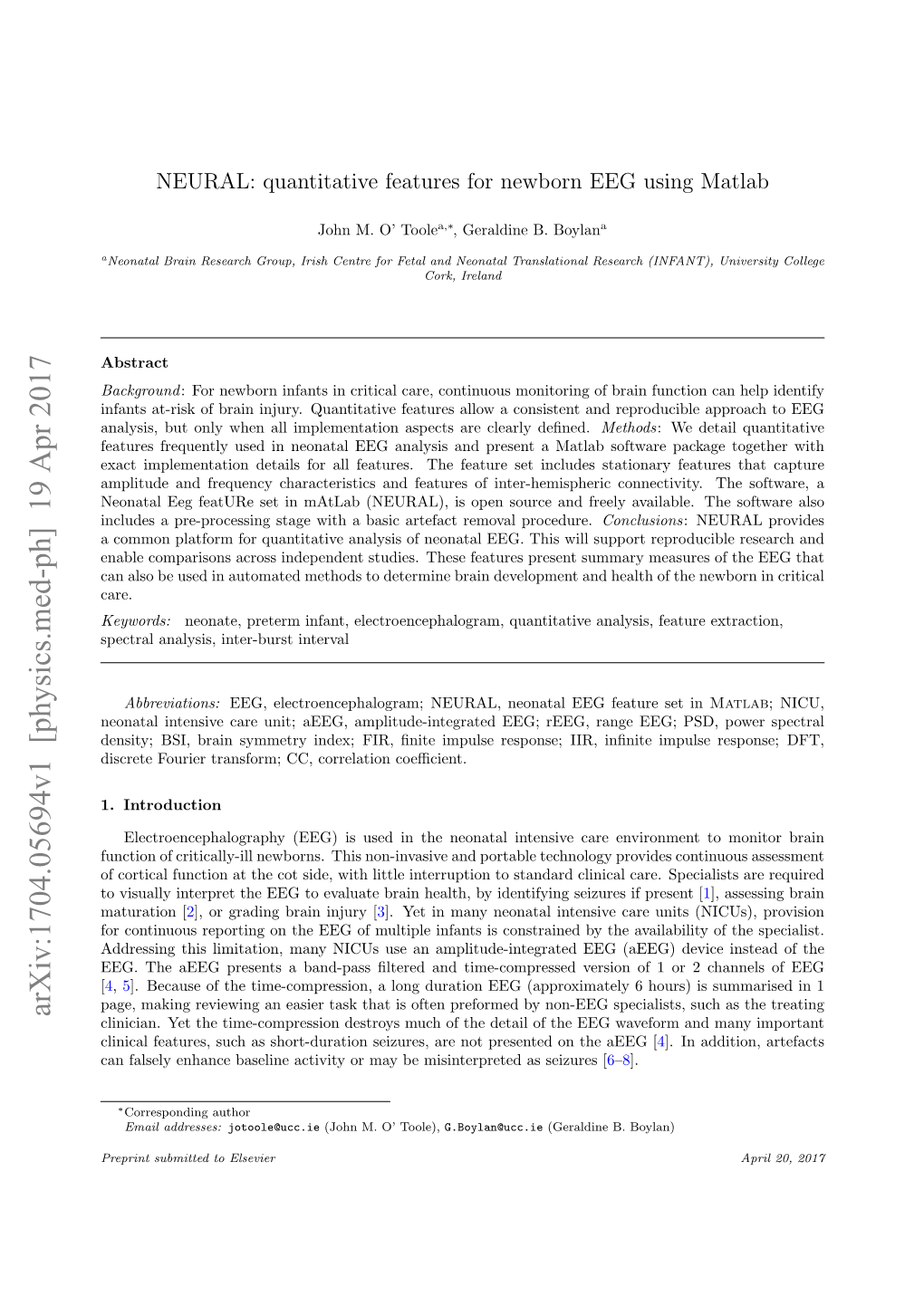 Quantitative Features for Newborn EEG Using Matlab