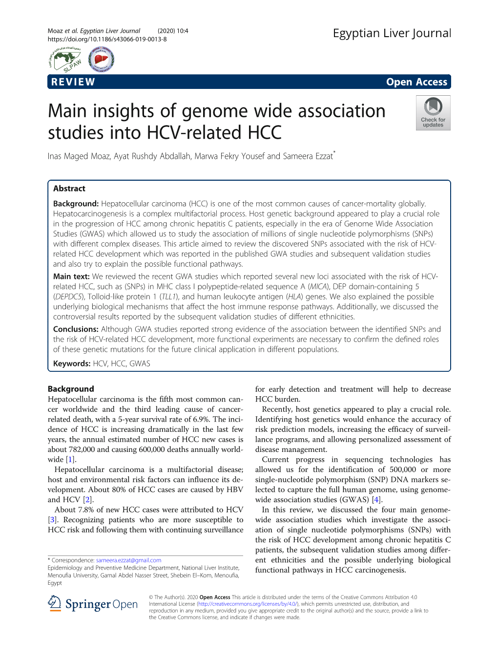 Insights of Genome Wide Association Studies Into HCV-Related HCC Inas Maged Moaz, Ayat Rushdy Abdallah, Marwa Fekry Yousef and Sameera Ezzat*