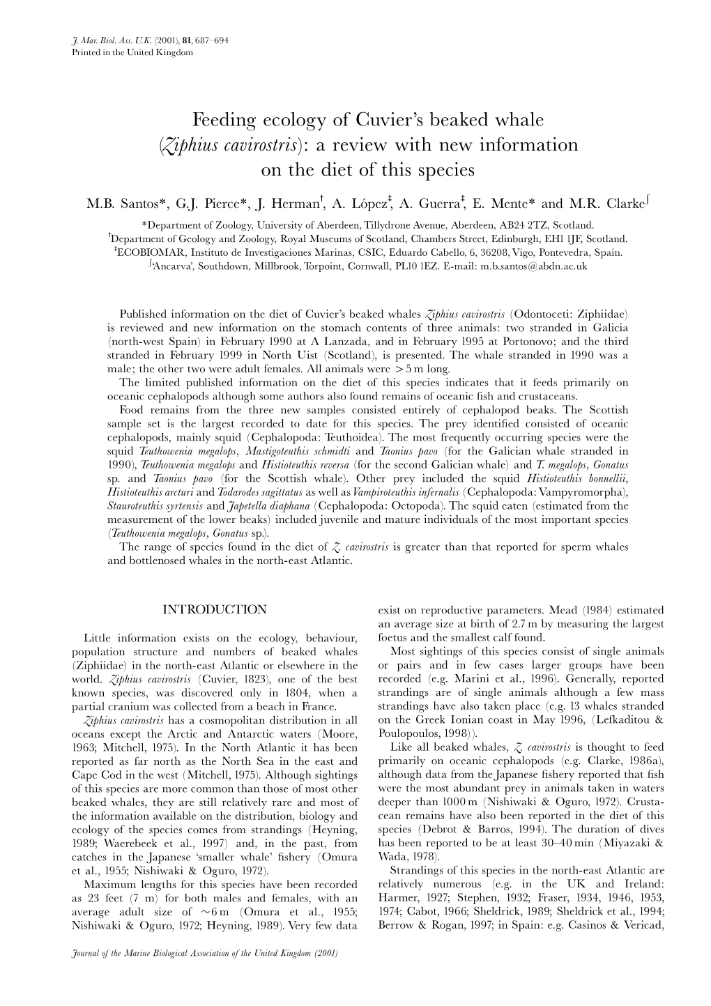 Feeding Ecology of Cuvier's Beaked Whale (Ziphius Cavirostris)