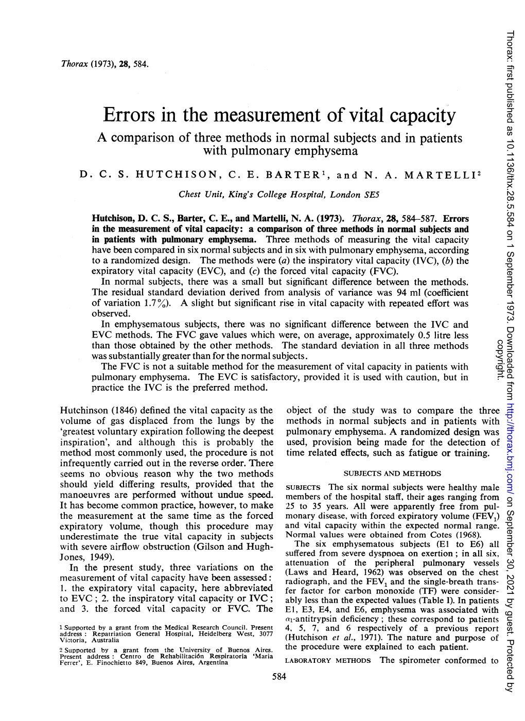 Errors in the Measurement of Vital Capacity a Comparison of Three Methods in Normal Subjects and in Patients with Pulmonary Emphysema