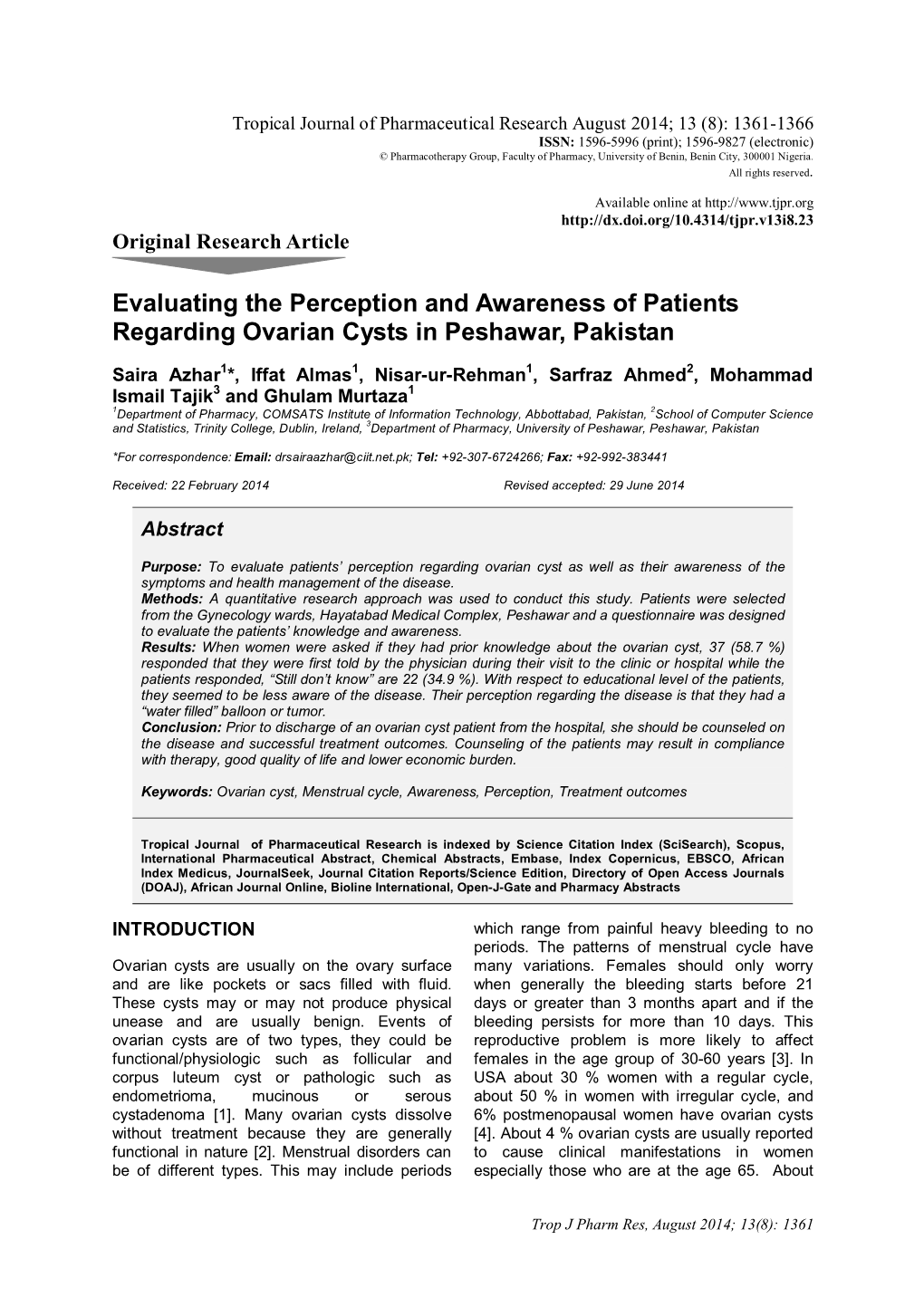 Evaluating the Perception and Awareness of Patients Regarding Ovarian Cysts in Peshawar, Pakistan