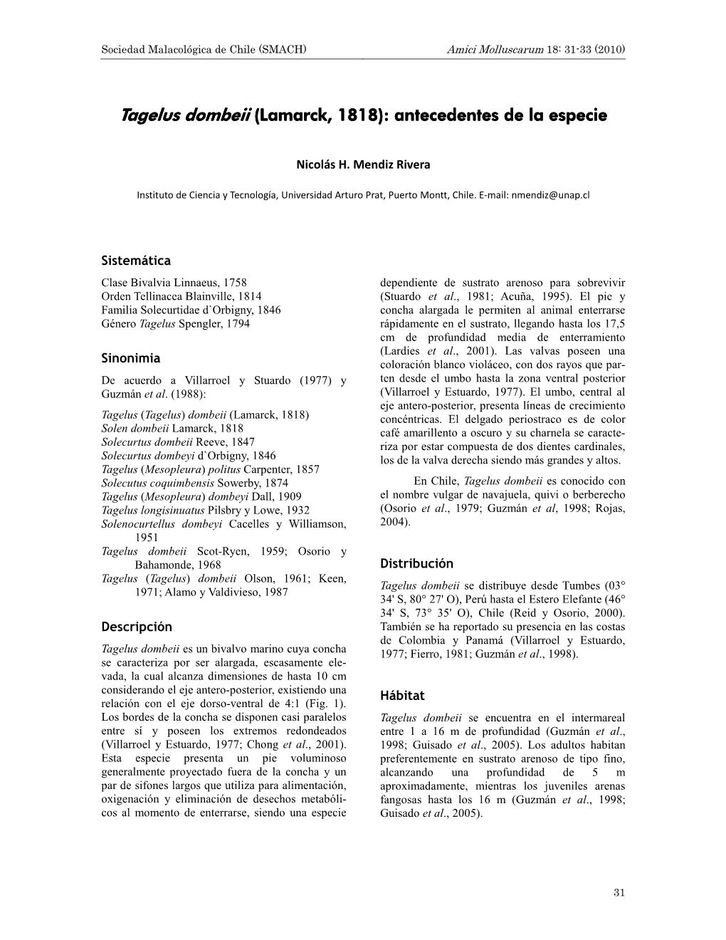 Tagelus Dombeii (Lamarck, 1818): Antecedentes De La Especie