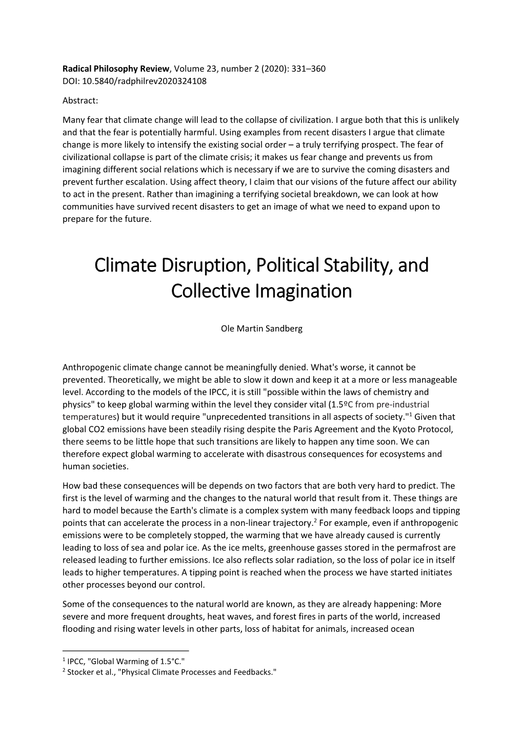 Climate Disruption, Political Stability, and Collective Imagination