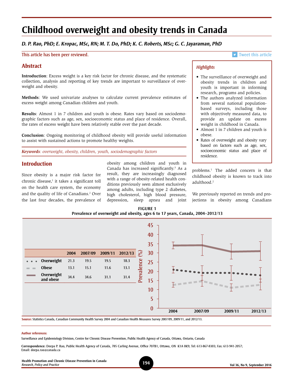 Childhood Overweight and Obesity Trends in Canada