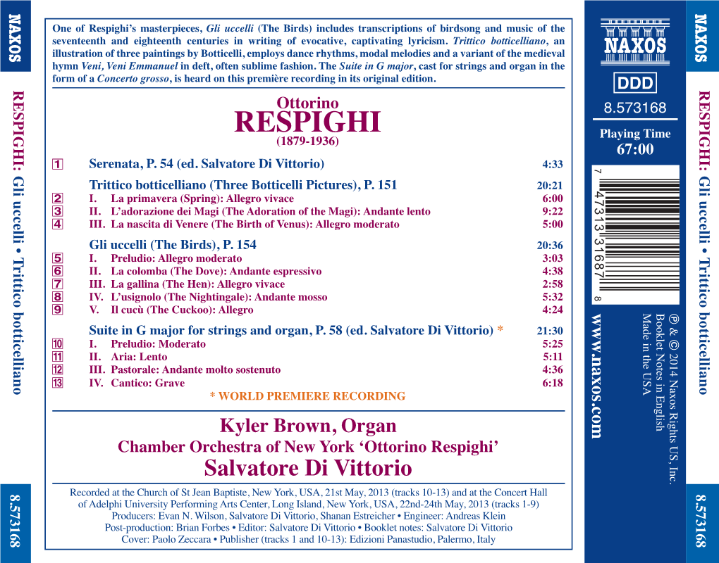 RESPIGHI: Gli Uccelli • Trittico Botticelliano 0 NAXOS 8.573168 : 5 1