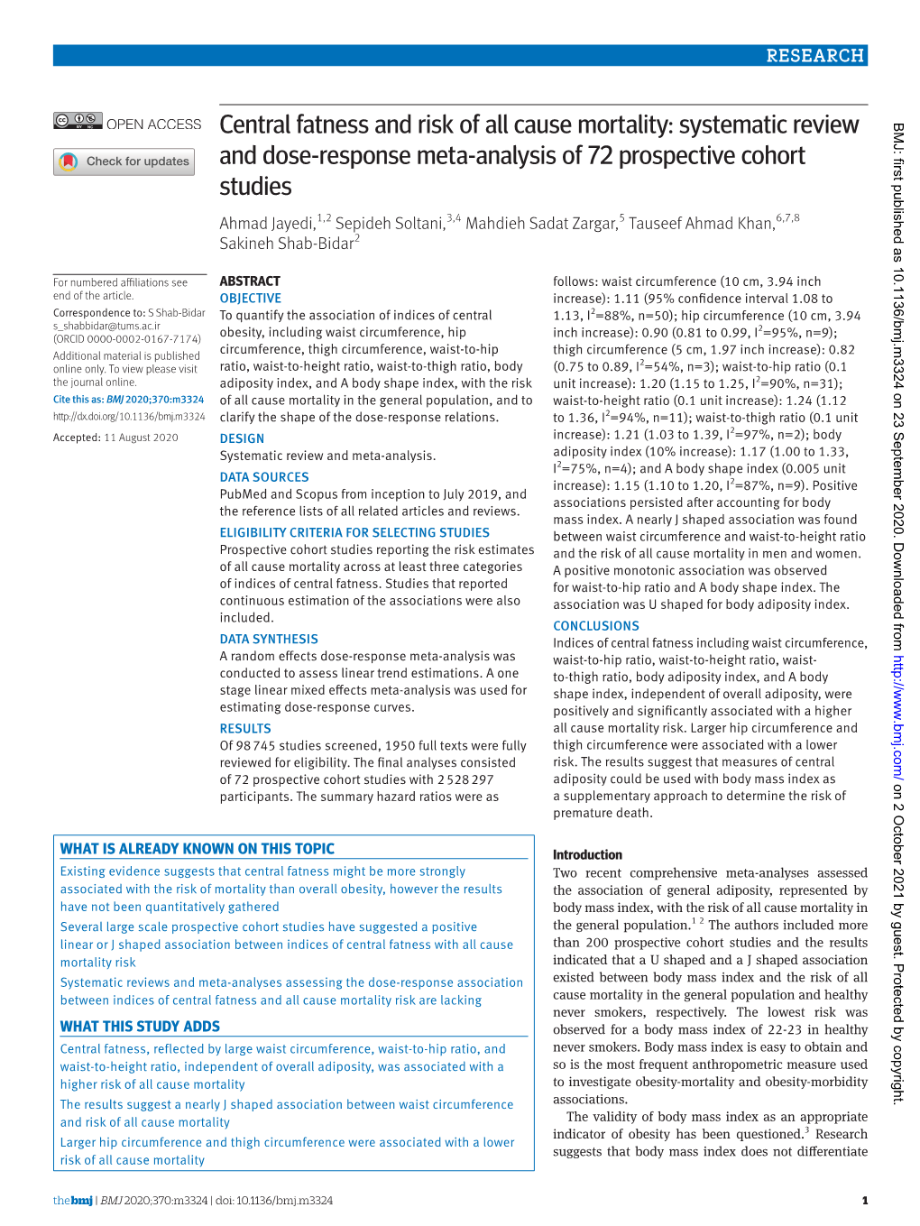 Central Fatness and Risk of All Cause Mortality: Systematic Review BMJ: First Published As 10.1136/Bmj.M3324 on 23 September 2020