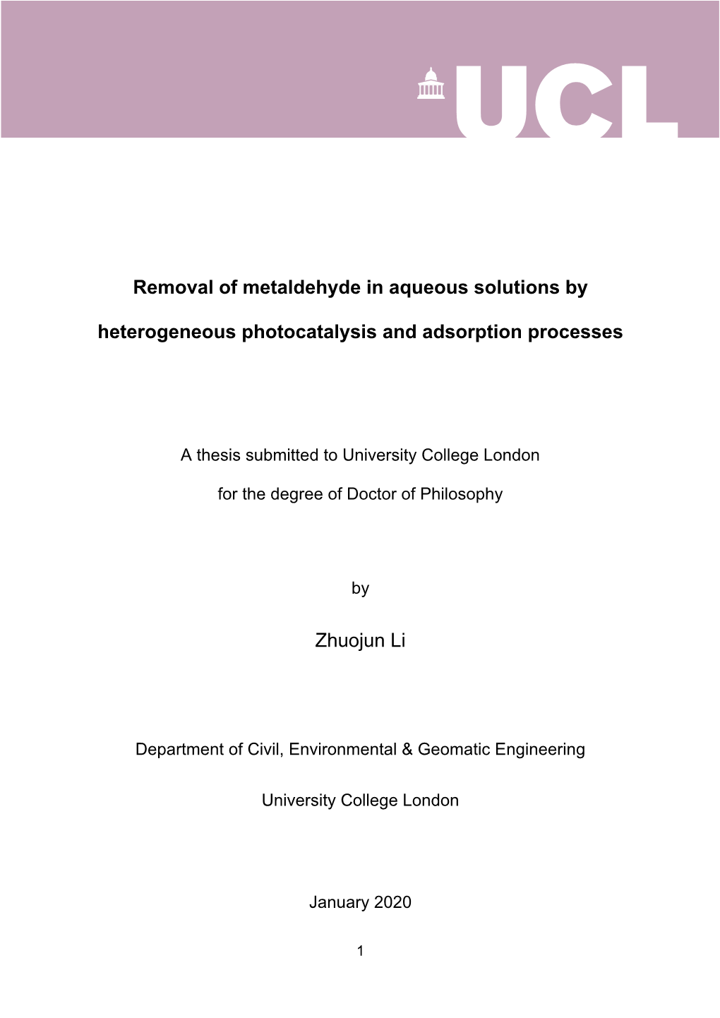 Removal of Metaldehyde in Aqueous Solutions by Heterogeneous Photocatalysis and Adsorption Processes