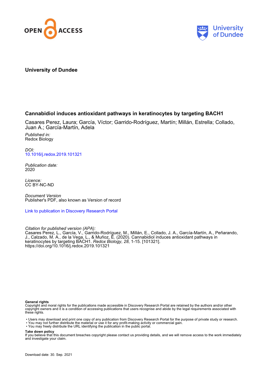 Cannabidiol Induces Antioxidant Pathways in Keratinocytes By