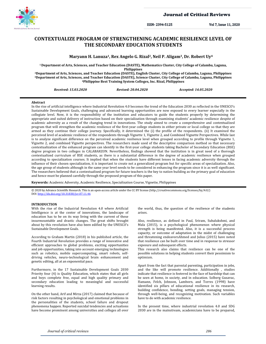 Contextualize Program of Strengthening Academic Resilience Level of the Secondary Education Students