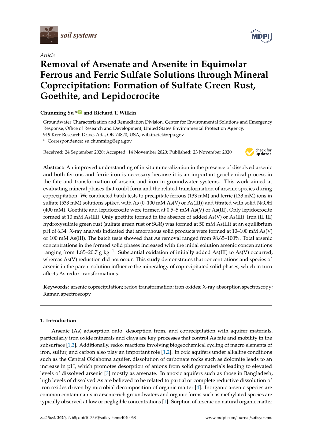 Removal of Arsenate and Arsenite in Equimolar Ferrous And